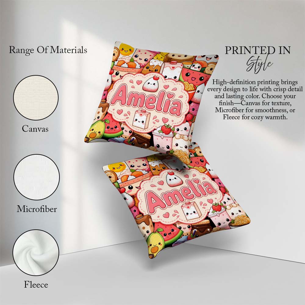 Custom Name Cute Kawaii Food Collage Characters on Red Seamless Square Filled Cushion Throw Pillow Sofa Bed Home Decor Zip Washable UK Made