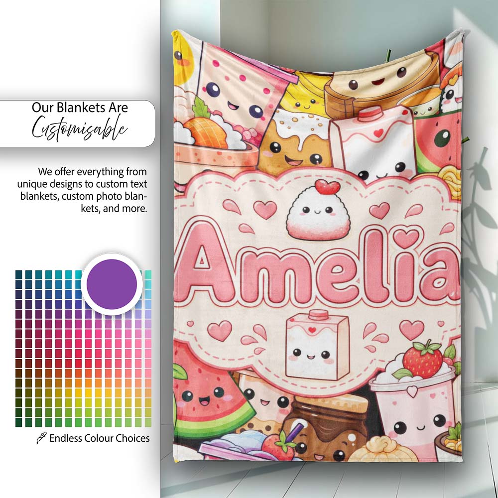 Cute Kawaii Food Collage Characters on Red Background Seamless  Personalised Custom Name Super Soft Fleece Blanket Bed Sofa Throw
