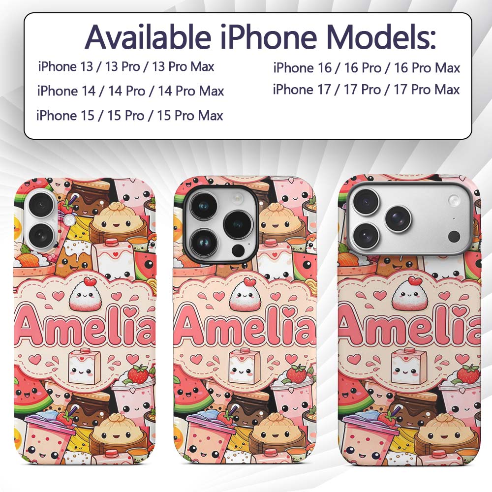 Cute Kawaii Food Collage Characters on Red Background Custom Name Protective Phone Case Mobile Cover Durable Smartphone Shock Resistant