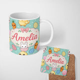 Personalized Custom Name Cute Easter Bunny Chick Carrots Eggs Polka Dot Seamless Pattern Mint 11oz Ceramic Coffee Tea Mug White Large Handle