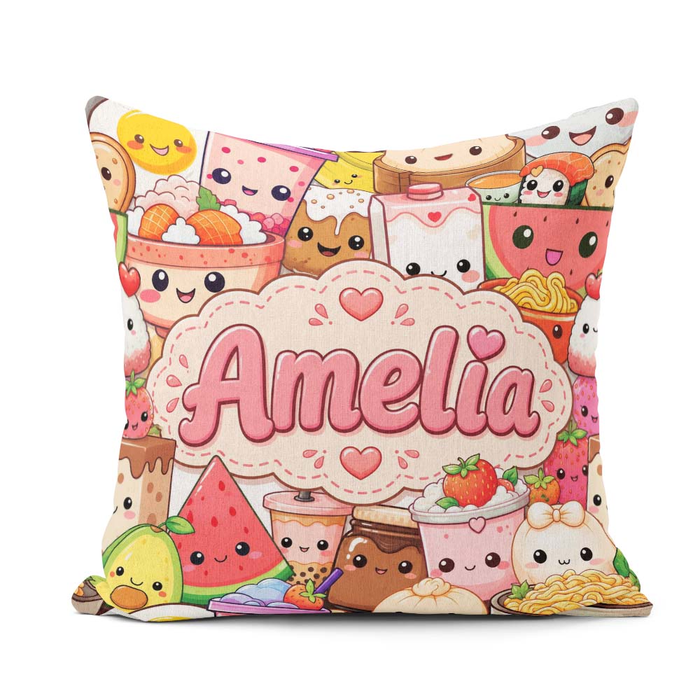 Custom Name Food Collage Characters on White Background Seamless Square Filled Cushion Throw Pillow Sofa Bed Home Decor Zip Washable UK Made