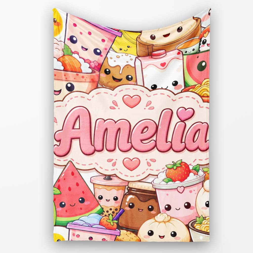 Cute Kawaii Food Collage Characters on White Background Seamless  Personalised Custom Name Super Soft Fleece Blanket Bed Sofa Throw