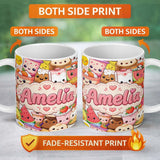 Personalized Custom Name Cute Kawaii Food Collage Characters on White Background Seamless 11oz Ceramic Coffee Tea Mug White Large Handle