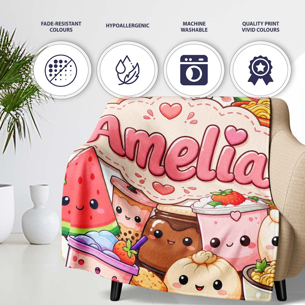 Cute Kawaii Food Collage Characters on White Background Seamless  Personalised Custom Name Super Soft Fleece Blanket Bed Sofa Throw