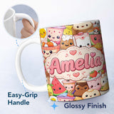 Personalized Custom Name Cute Kawaii Food Collage Characters on White Background Seamless 11oz Ceramic Coffee Tea Mug White Large Handle