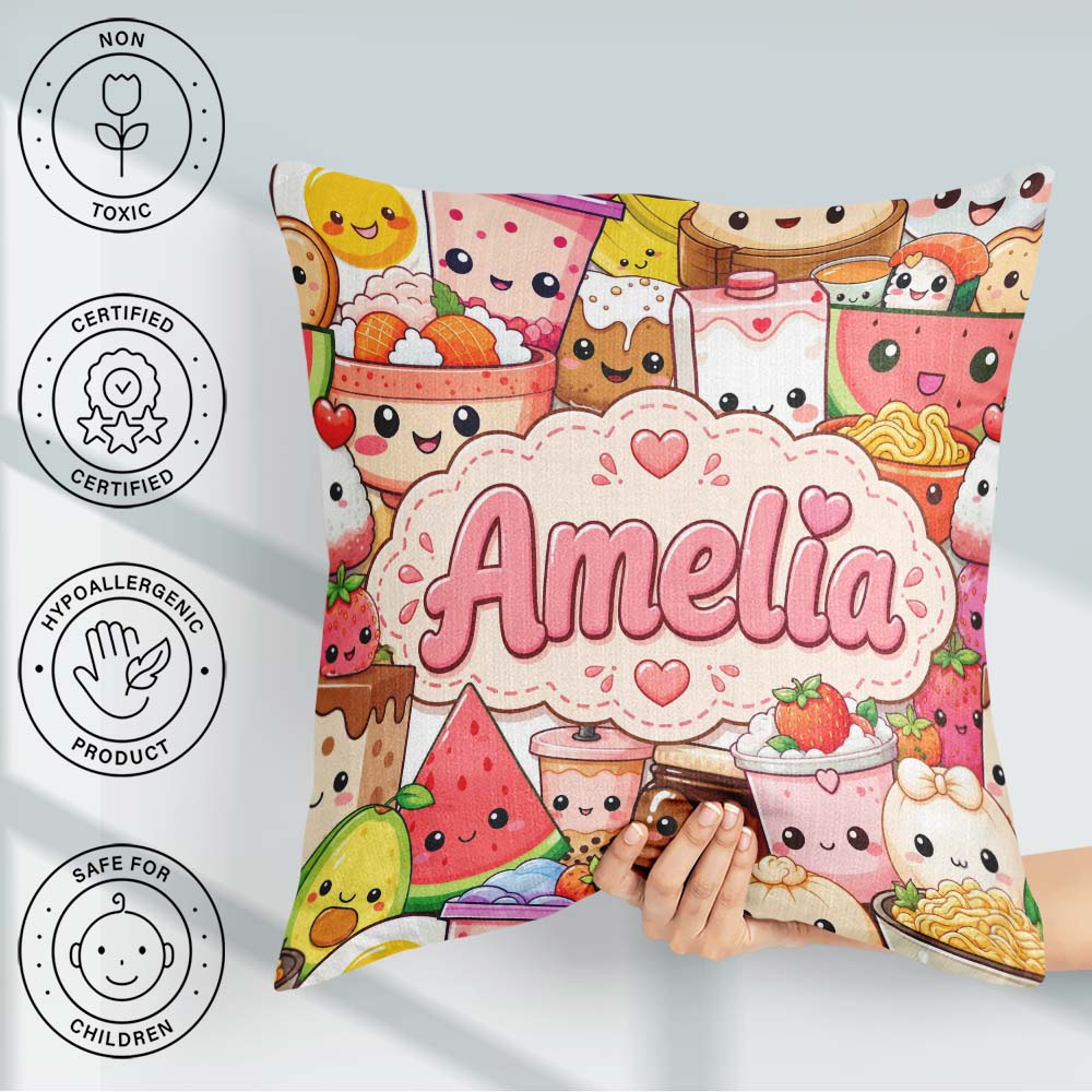 Custom Name Food Collage Characters on White Background Seamless Square Filled Cushion Throw Pillow Sofa Bed Home Decor Zip Washable UK Made