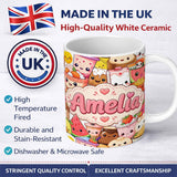 Personalized Custom Name Cute Kawaii Food Collage Characters on White Background Seamless 11oz Ceramic Coffee Tea Mug White Large Handle