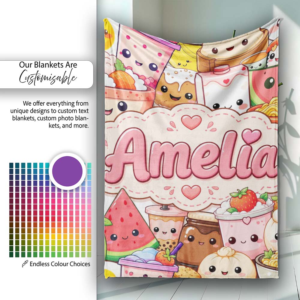 Cute Kawaii Food Collage Characters on White Background Seamless  Personalised Custom Name Super Soft Fleece Blanket Bed Sofa Throw