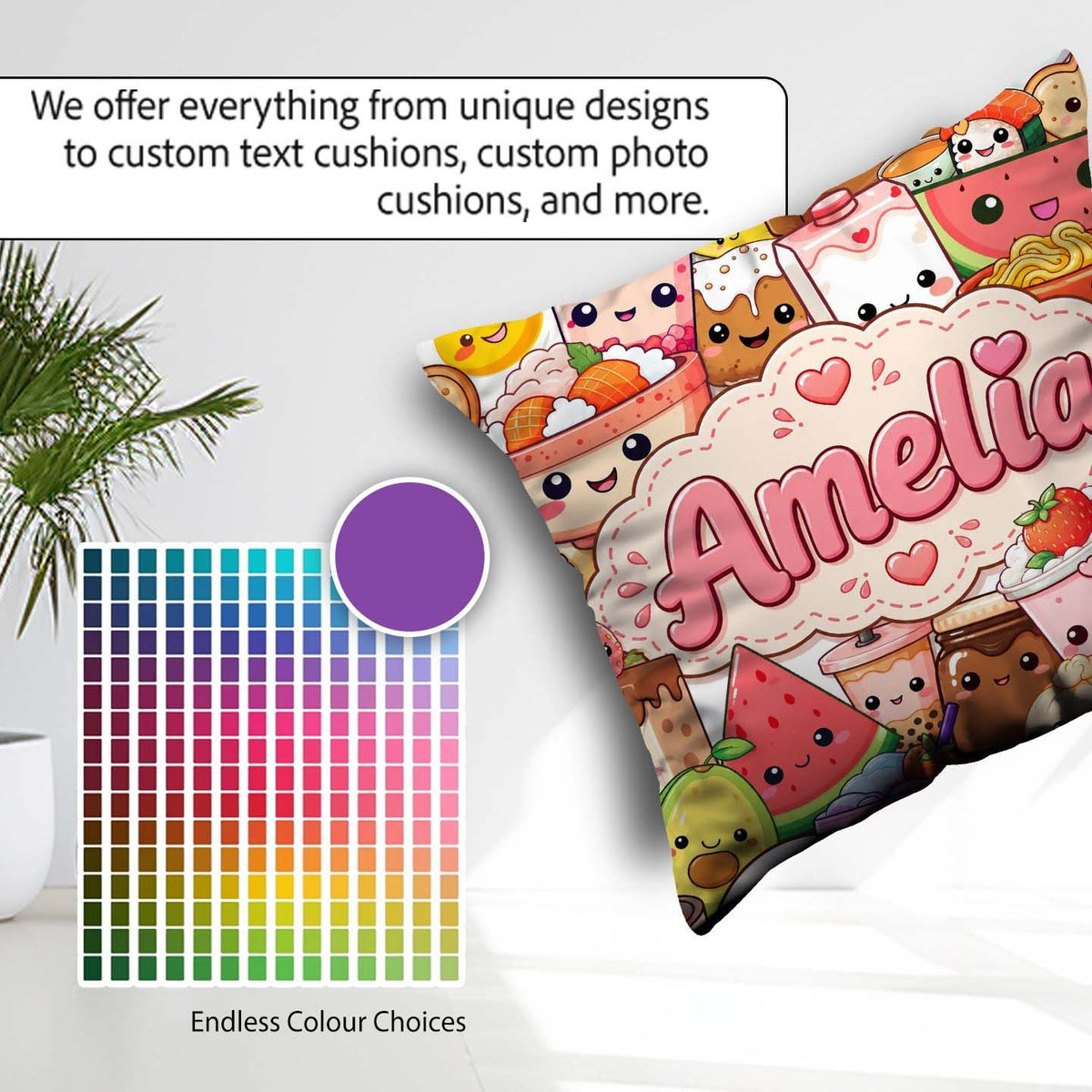 Custom Name Food Collage Characters on White Background Seamless Square Filled Cushion Throw Pillow Sofa Bed Home Decor Zip Washable UK Made