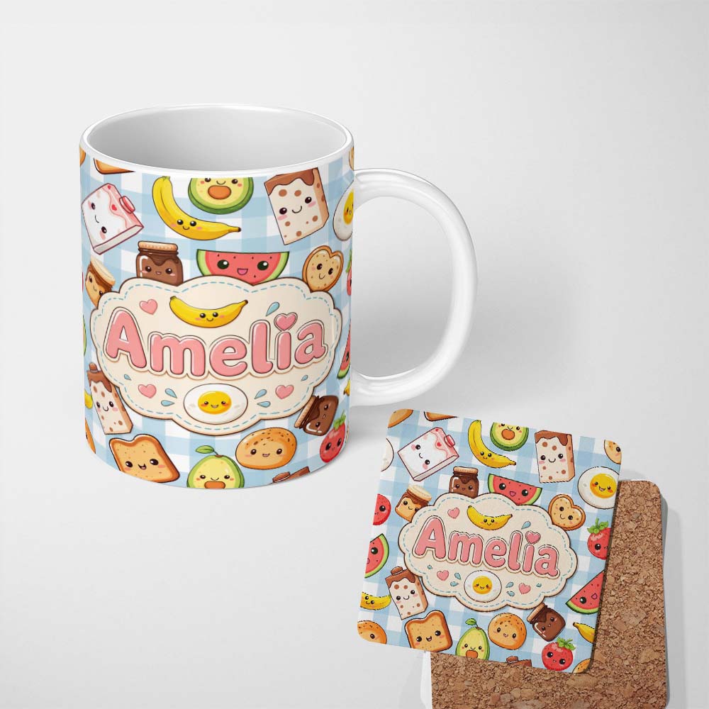 Personalized Custom Name Cute Kawaii Breakfast Food Characters on Checkered Background 11oz Ceramic Coffee Tea Mug White Large Handle