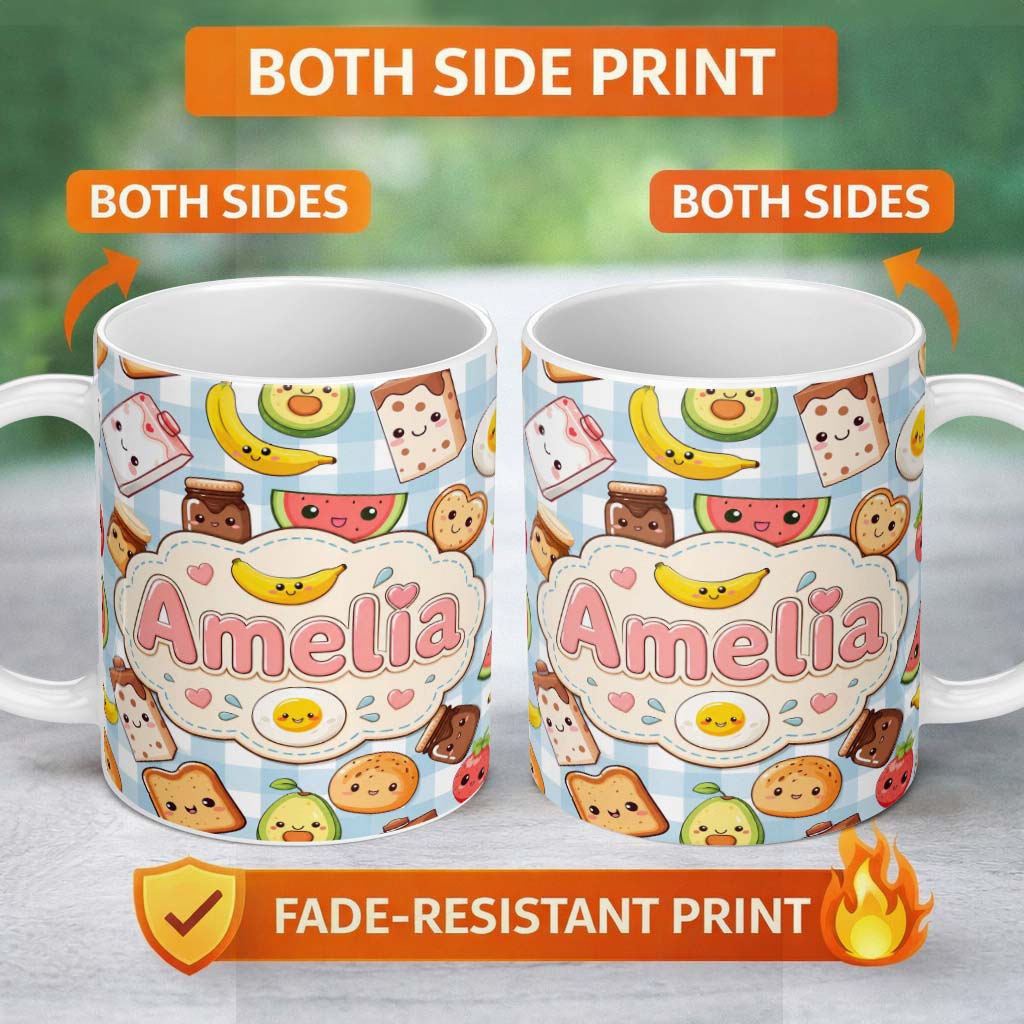 Personalized Custom Name Cute Kawaii Breakfast Food Characters on Checkered Background 11oz Ceramic Coffee Tea Mug White Large Handle