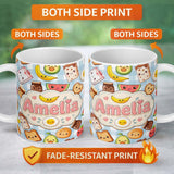 Personalized Custom Name Cute Kawaii Breakfast Food Characters on Checkered Background 11oz Ceramic Coffee Tea Mug White Large Handle