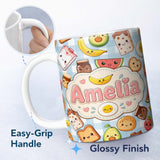 Personalized Custom Name Cute Kawaii Breakfast Food Characters on Checkered Background 11oz Ceramic Coffee Tea Mug White Large Handle