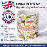 Personalized Custom Name Cute Kawaii Breakfast Food Characters on Checkered Background 11oz Ceramic Coffee Tea Mug White Large Handle