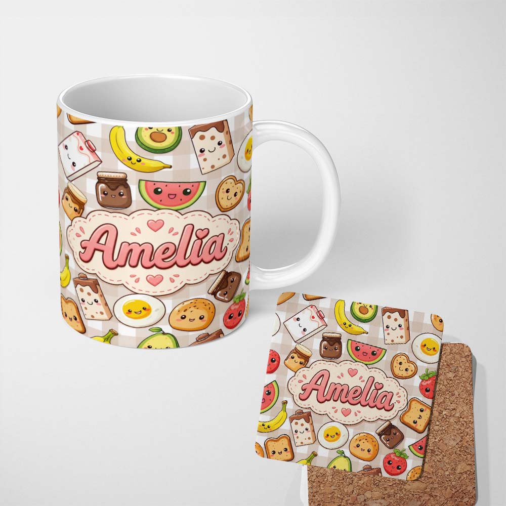 Personalized Custom Name Kawaii Breakfast Food Characters on Beige Check Seamless Pattern 11oz Ceramic Coffee Tea Mug White Large Handle