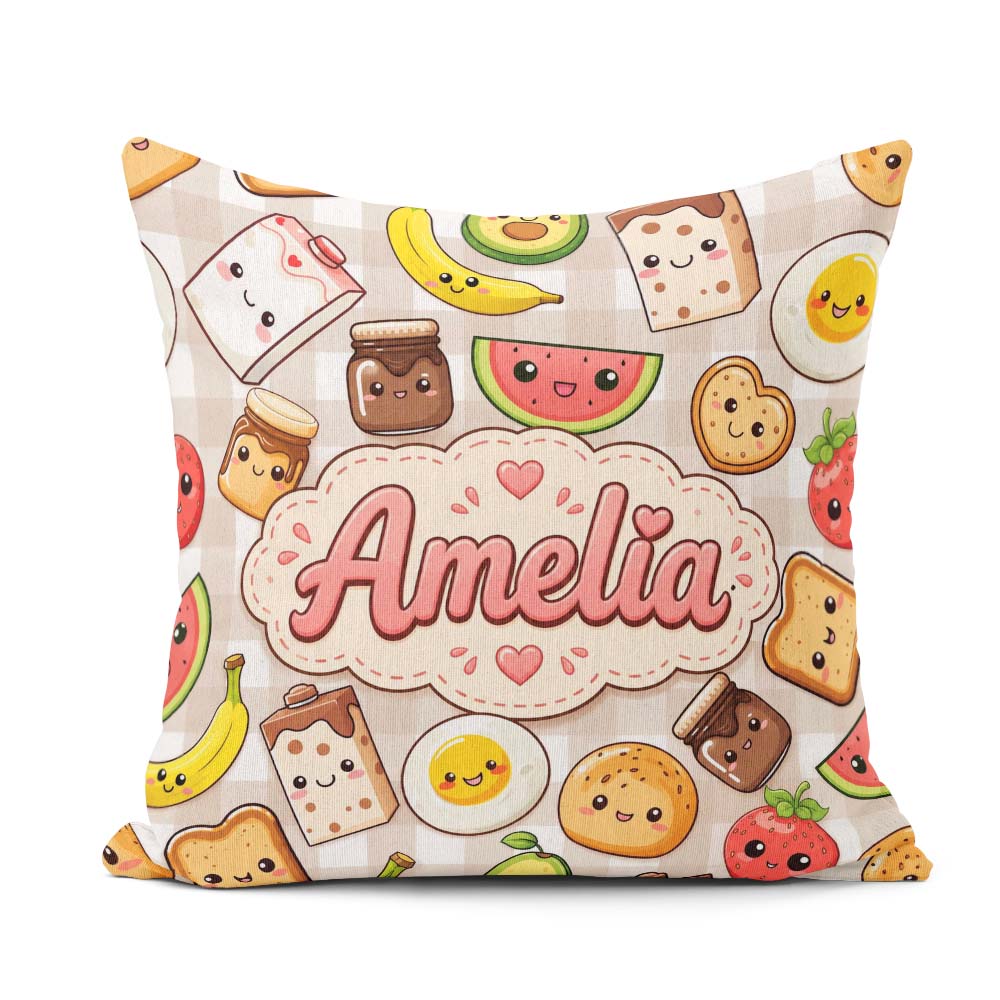 Custom Name Kawaii Breakfast Food Characters Beige Check Pattern Square Filled Cushion Throw Pillow Sofa Bed Home Decor Zip Washable UK Made