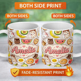 Personalized Custom Name Kawaii Breakfast Food Characters on Beige Check Seamless Pattern 11oz Ceramic Coffee Tea Mug White Large Handle