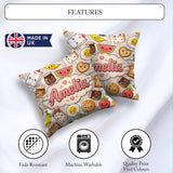 Custom Name Kawaii Breakfast Food Characters Beige Check Pattern Square Filled Cushion Throw Pillow Sofa Bed Home Decor Zip Washable UK Made