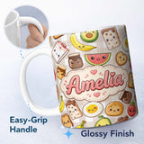 Personalized Custom Name Kawaii Breakfast Food Characters on Beige Check Seamless Pattern 11oz Ceramic Coffee Tea Mug White Large Handle