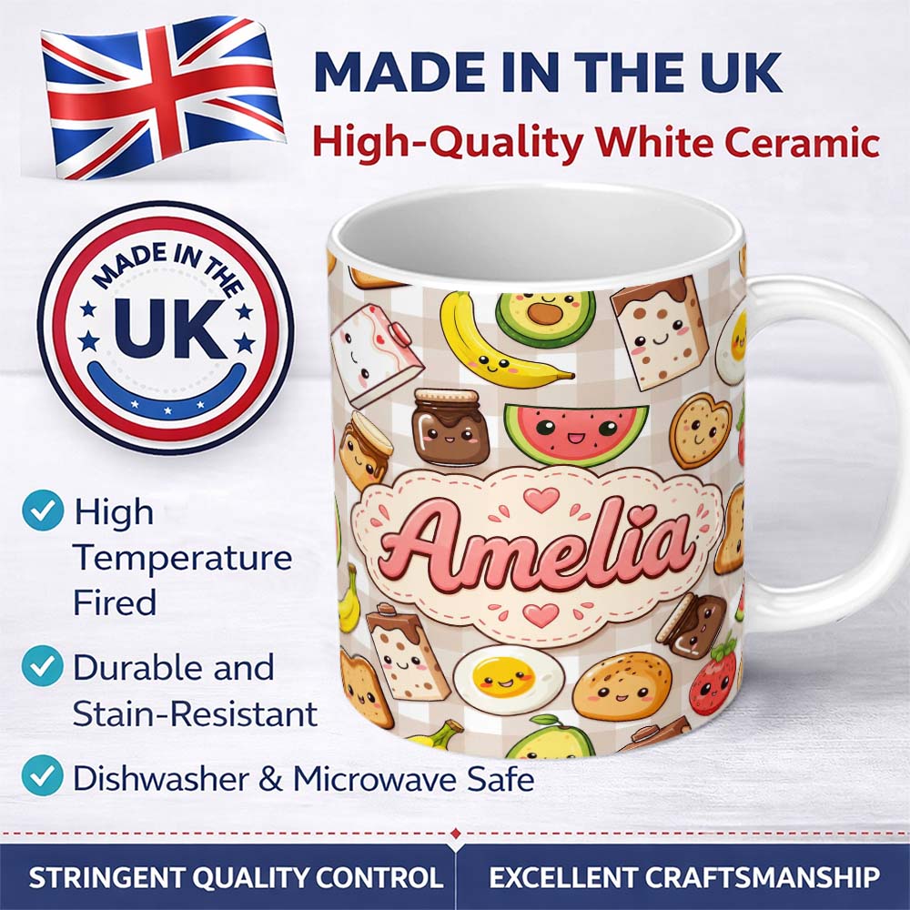 Personalized Custom Name Kawaii Breakfast Food Characters on Beige Check Seamless Pattern 11oz Ceramic Coffee Tea Mug White Large Handle