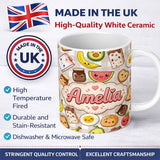 Personalized Custom Name Kawaii Breakfast Food Characters on Beige Check Seamless Pattern 11oz Ceramic Coffee Tea Mug White Large Handle