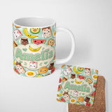 Personalized Custom Name Cute Kawaii Breakfast Food Characters on Mint Check Background 11oz Ceramic Coffee Tea Mug White Large Handle