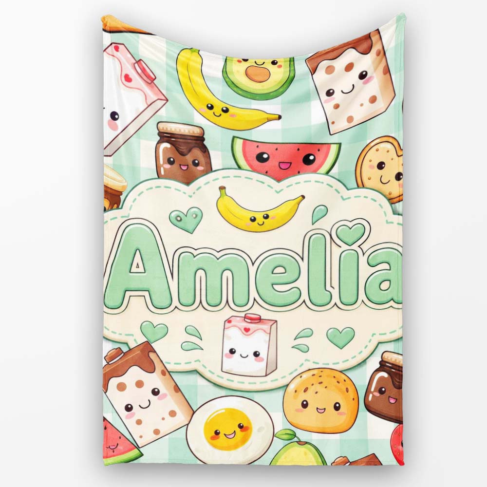 Cute Kawaii Breakfast Food Characters on Mint Check Background  Personalised Custom Name Super Soft Fleece Blanket Bed Sofa Throw