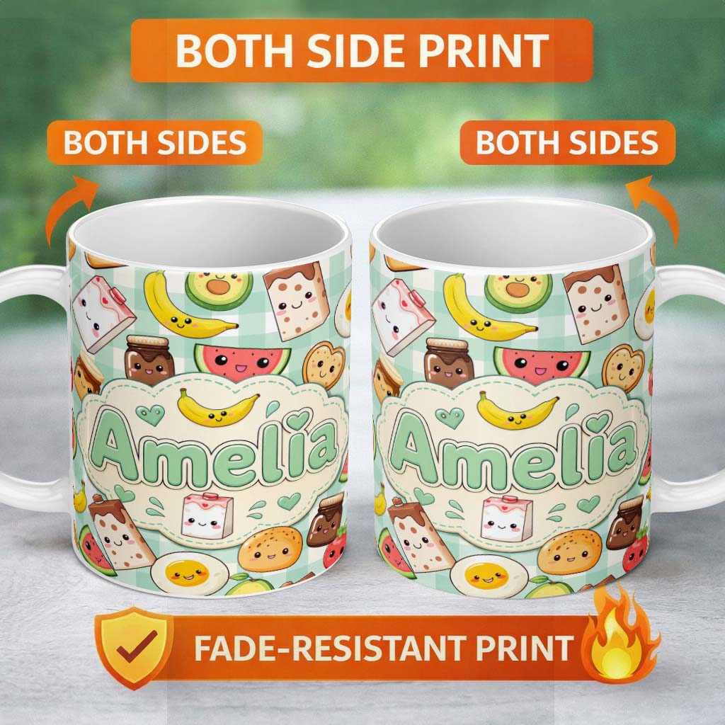 Personalized Custom Name Cute Kawaii Breakfast Food Characters on Mint Check Background 11oz Ceramic Coffee Tea Mug White Large Handle