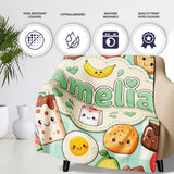Cute Kawaii Breakfast Food Characters on Mint Check Background  Personalised Custom Name Super Soft Fleece Blanket Bed Sofa Throw