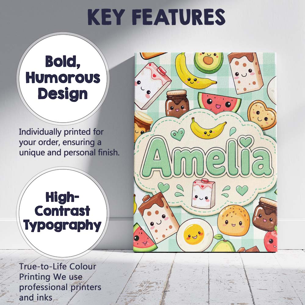 Personalised Name Cute Kawaii Breakfast Custom  Modern Room Accent Elegant Feature Canvas Wall Art Print Decor Picture Ready to Hang