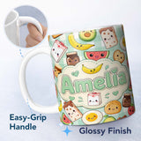 Personalized Custom Name Cute Kawaii Breakfast Food Characters on Mint Check Background 11oz Ceramic Coffee Tea Mug White Large Handle