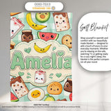 Cute Kawaii Breakfast Food Characters on Mint Check Background  Personalised Custom Name Super Soft Fleece Blanket Bed Sofa Throw