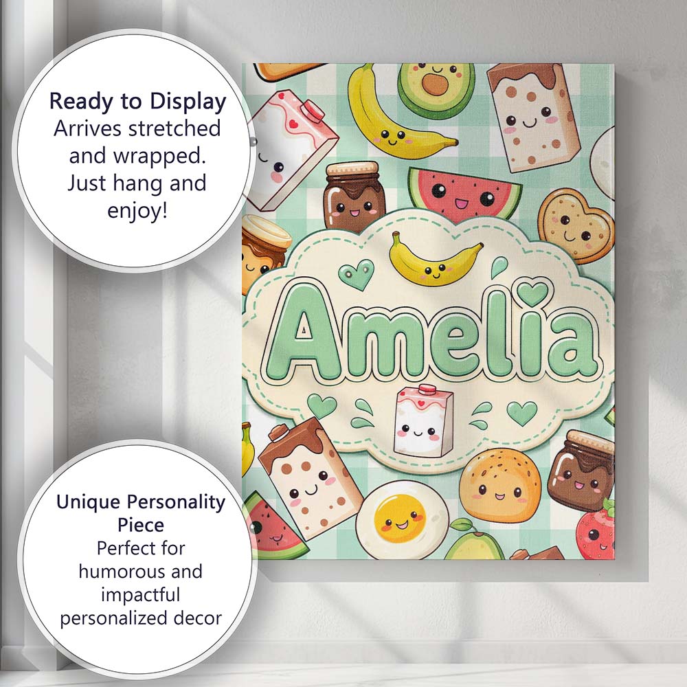 Personalised Name Cute Kawaii Breakfast Custom  Modern Room Accent Elegant Feature Canvas Wall Art Print Decor Picture Ready to Hang