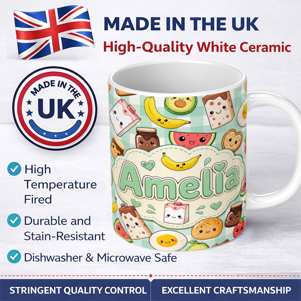 Personalized Custom Name Cute Kawaii Breakfast Food Characters on Mint Check Background 11oz Ceramic Coffee Tea Mug White Large Handle