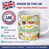 Personalized Custom Name Cute Kawaii Breakfast Food Characters on Mint Check Background 11oz Ceramic Coffee Tea Mug White Large Handle