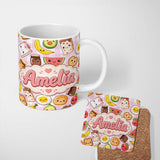 Personalized Custom Name Cute Kawaii Breakfast Food Characters on Pink Check Background 11oz Ceramic Coffee Tea Mug White Large Handle