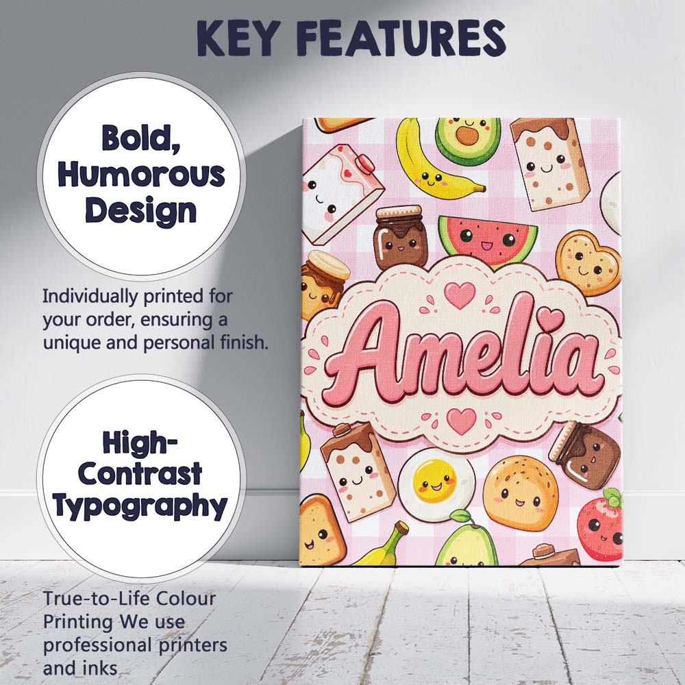 Personalised Name Cute Kawaii Breakfast Custom  Modern Room Accent Elegant Feature Canvas Wall Art Print Decor Picture Ready to Hang