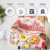 Cute Kawaii Breakfast Food Characters on Pink Check Background  Personalised Custom Name Super Soft Fleece Blanket Bed Sofa Throw