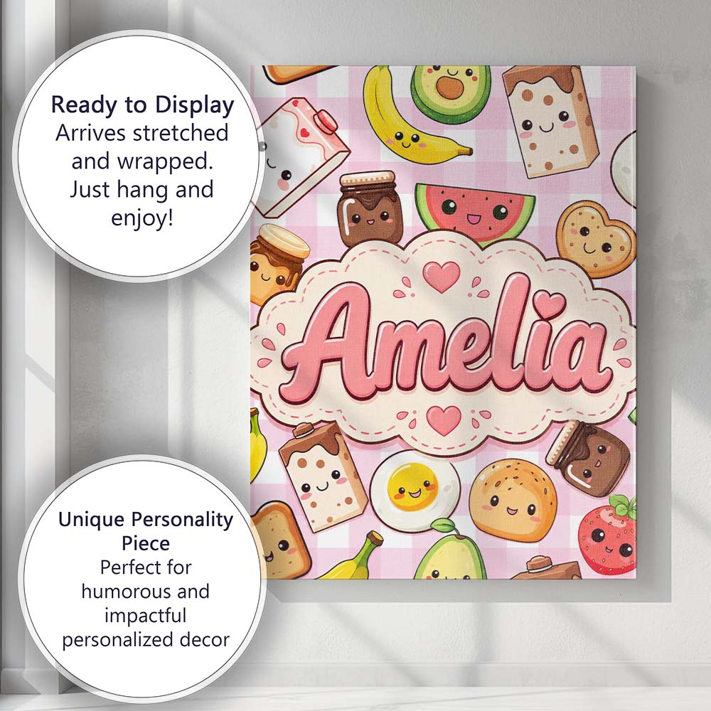 Personalised Name Cute Kawaii Breakfast Custom  Modern Room Accent Elegant Feature Canvas Wall Art Print Decor Picture Ready to Hang