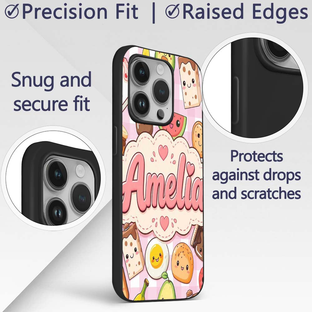 Cute Kawaii Breakfast Food Characters on Pink Custom Name Protective Phone Case Mobile Cover Durable Everyday Smartphone Shock Resistant