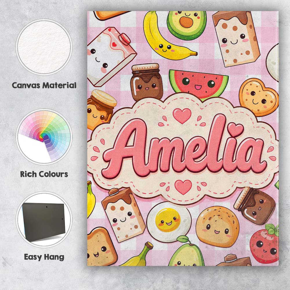 Personalised Name Cute Kawaii Breakfast Custom  Modern Room Accent Elegant Feature Canvas Wall Art Print Decor Picture Ready to Hang