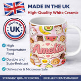 Personalized Custom Name Cute Kawaii Breakfast Food Characters on Pink Check Background 11oz Ceramic Coffee Tea Mug White Large Handle