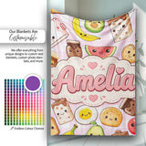 Cute Kawaii Breakfast Food Characters on Pink Check Background  Personalised Custom Name Super Soft Fleece Blanket Bed Sofa Throw