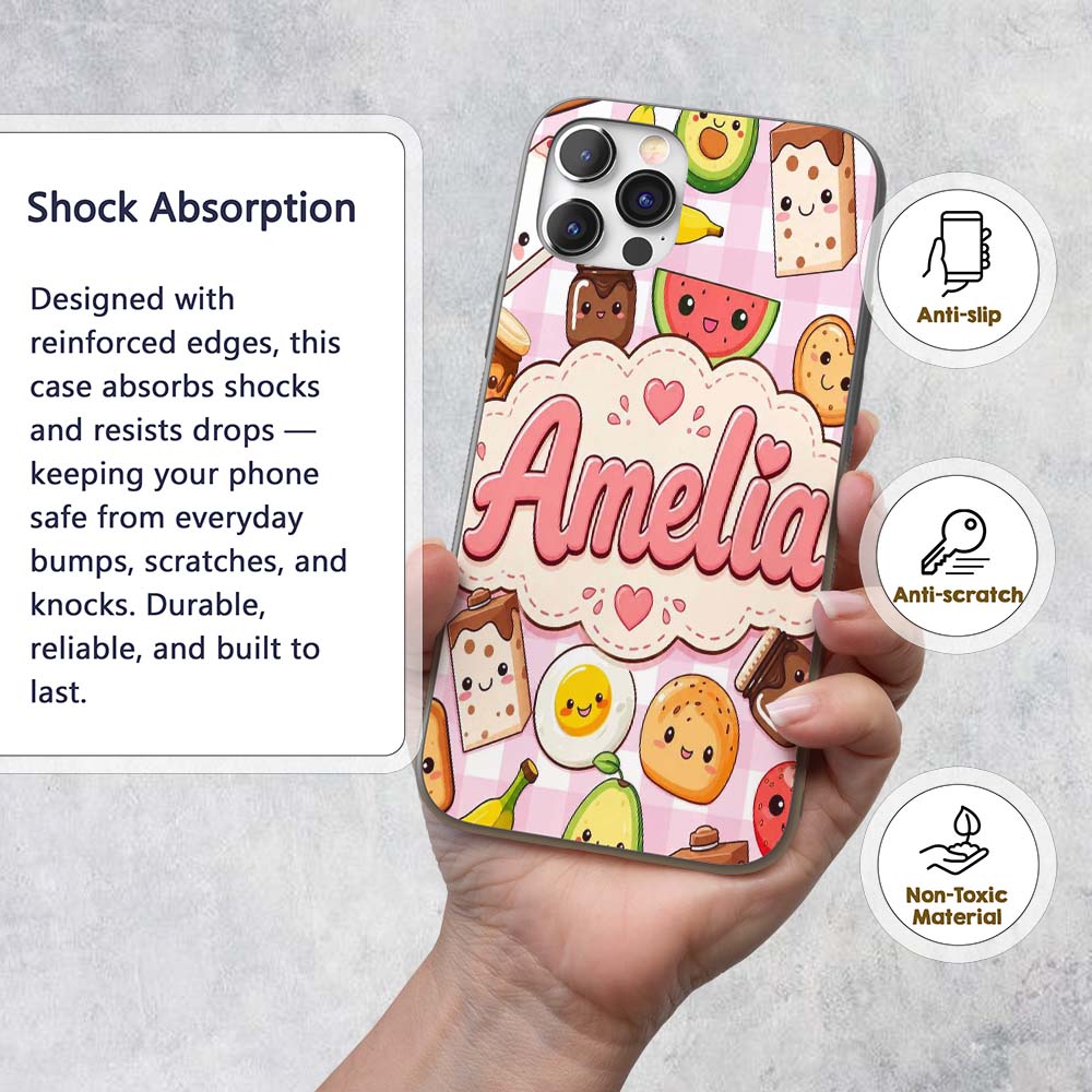 Cute Kawaii Breakfast Food Characters on Pink Custom Name Protective Phone Case Mobile Cover Durable Everyday Smartphone Shock Resistant