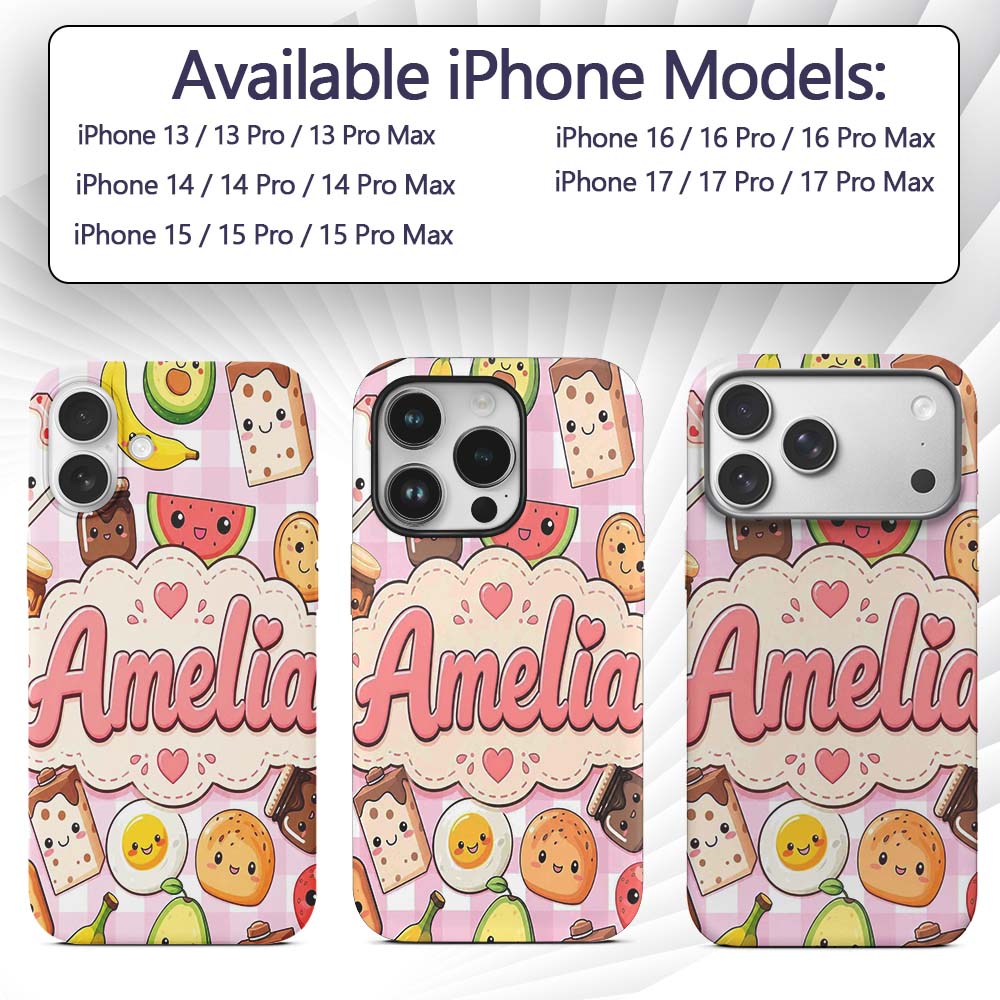 Cute Kawaii Breakfast Food Characters on Pink Custom Name Protective Phone Case Mobile Cover Durable Everyday Smartphone Shock Resistant