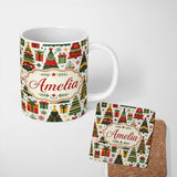 Personalized Custom Name Festive Christmas Trees Gifts Presents Red Green Seamless Pattern 11oz Ceramic Coffee Tea Mug White Large Handle