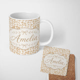 Personalized Custom Name Woven Basket Texture Pattern in Warm Neutral Tones Seamless Rustic 11oz Ceramic Coffee Tea Mug White Large Handle