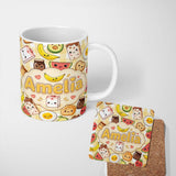 Personalized Custom Name Kawaii Breakfast Food Characters on Yellow Check Seamless Pattern 11oz Ceramic Coffee Tea Mug White Large Handle