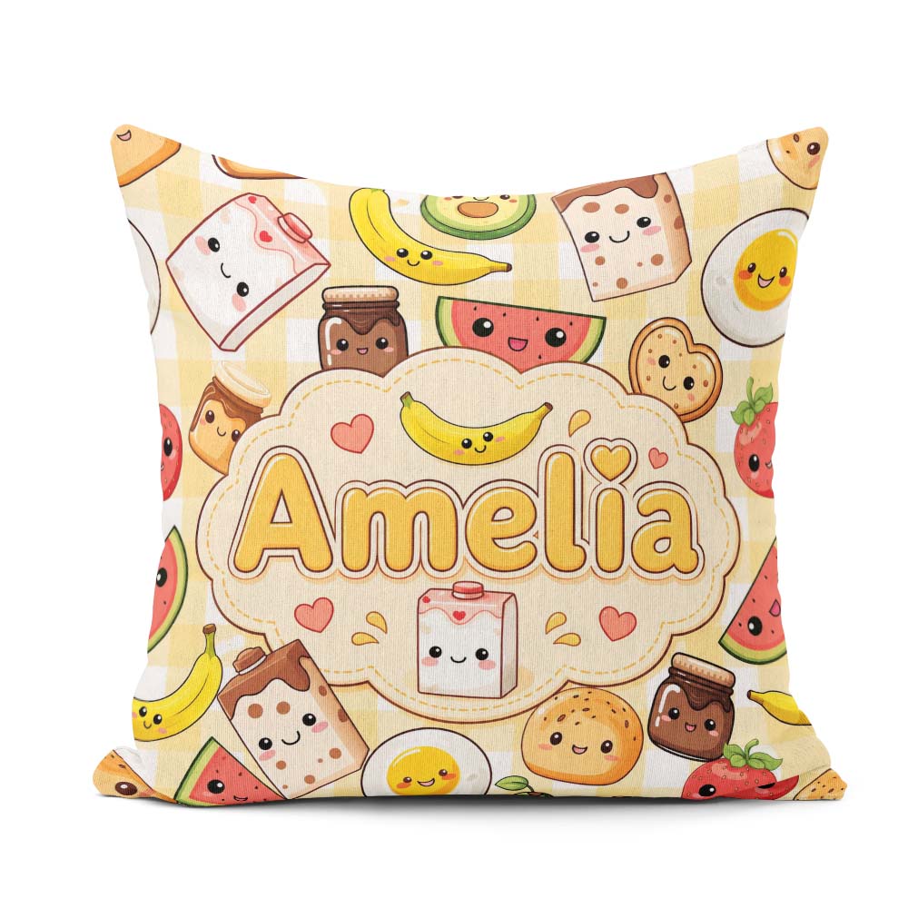 Custom Name Kawaii Breakfast Characters on Yellow Check Seamless Square Filled Cushion Throw Pillow Sofa Bed Home Decor Zip Washable UK Made