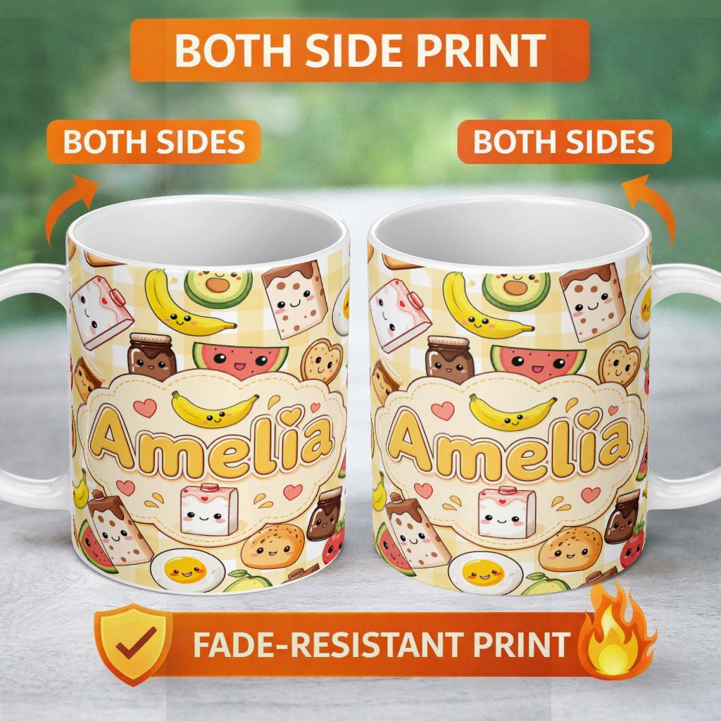 Personalized Custom Name Kawaii Breakfast Food Characters on Yellow Check Seamless Pattern 11oz Ceramic Coffee Tea Mug White Large Handle